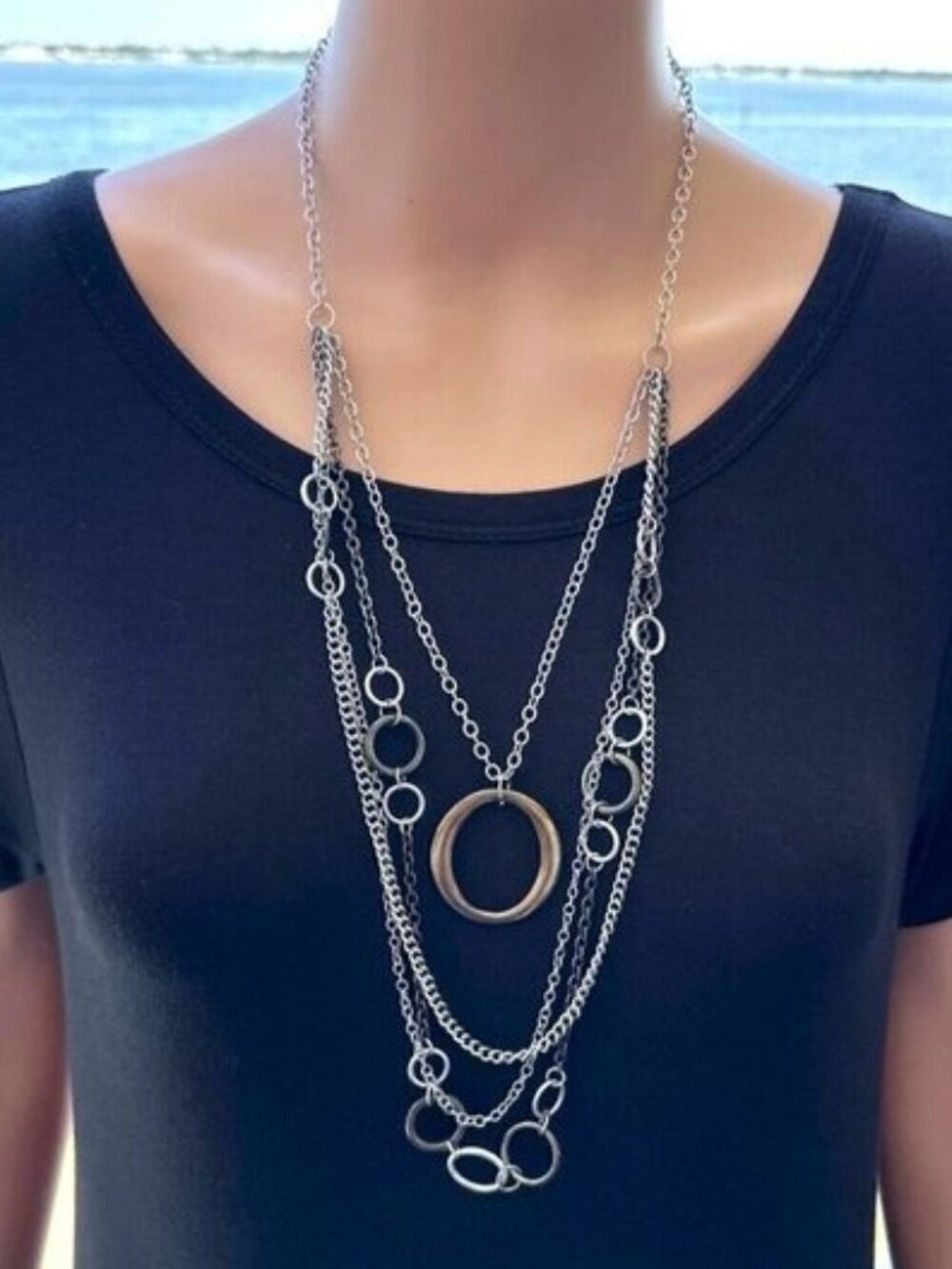 Layered Chain Necklace Silver Tone Hematite Geometric Women